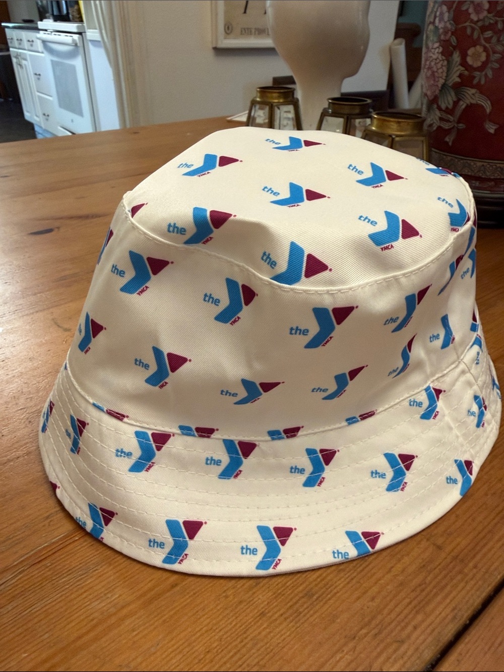 YMC Cream Bucket Hat with Blue & Maroon Logo Pattern